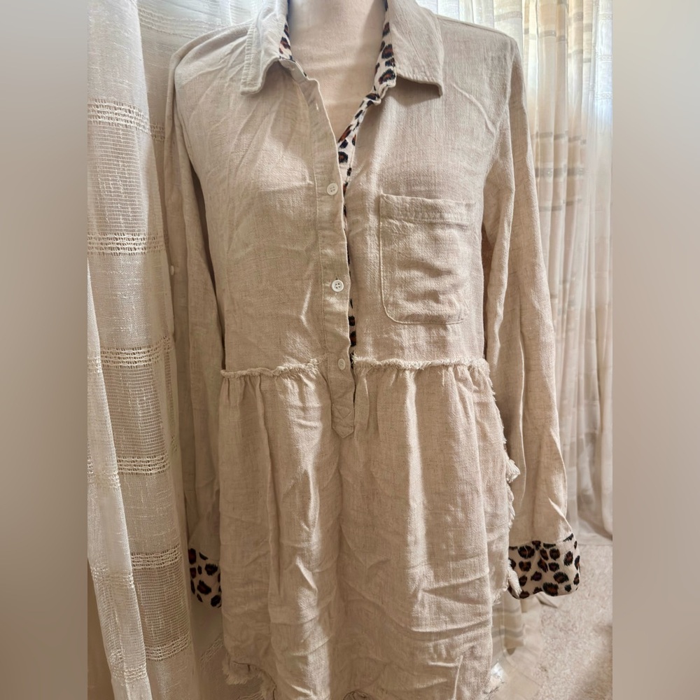 Umgee Cream Button-Down Dress with Leopard Accents